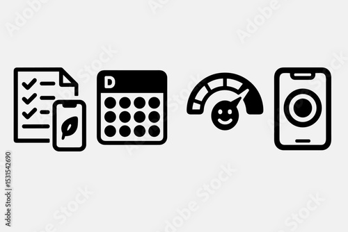 Healthy Tech Use Icons. Solid style icons of healthy tech use: checklist with phone and leaf, daily digital habits tracker, tech