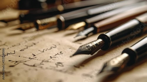 Antique nib pens lying on aged parchment document with faded handwritten script, artistic writing tools still life, blurred background with selective focus