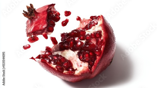 A vibrant pomegranate split open, revealing juicy red arils spilling out against a clean white background, showcasing its freshness and natural beauty
