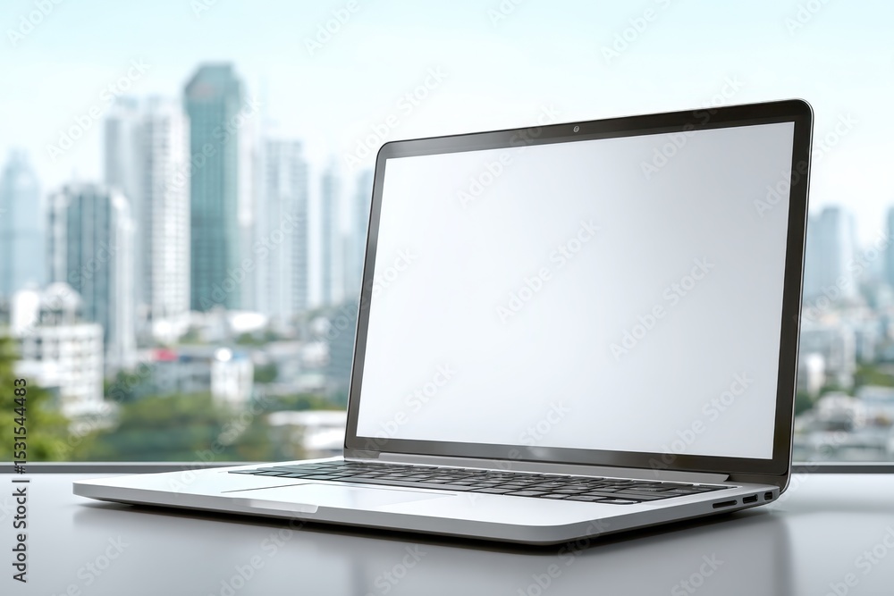Fototapeta premium Modern laptop with a blank white screen against a blurred city skyline background provides space for design, advertising, and presentation.