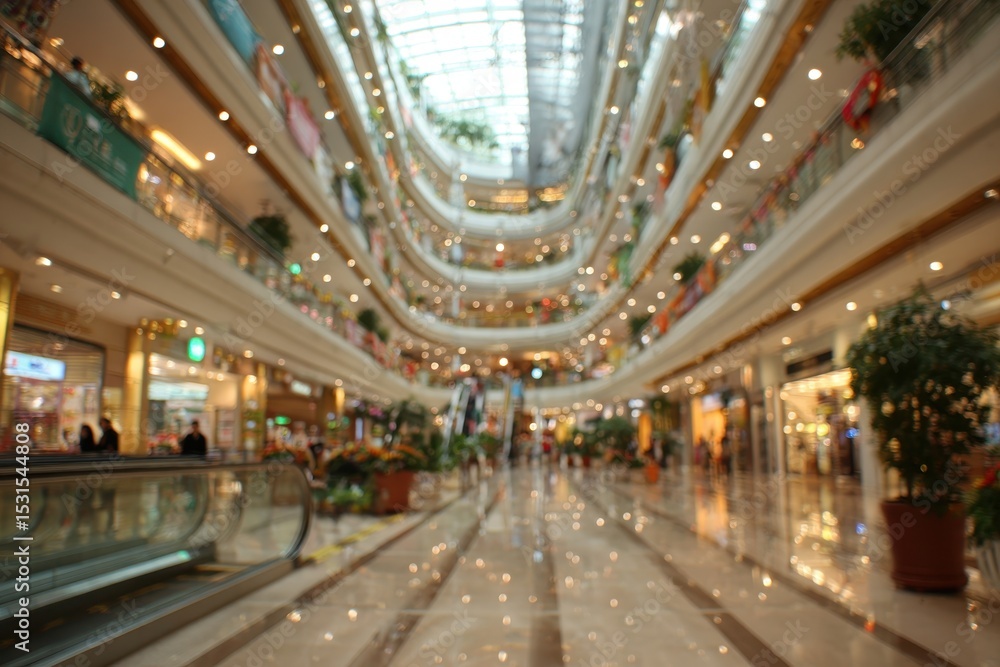 Blurred interior of a modern shopping mall with multiple floors, featuring numerous stores, escalators, bright lighting, and a glass ceiling, creating a vibrant atmosphere. Blurred interior of a modern shopping mall with multiple floors, featuring numerous stores, escalators, bright lighting, and a glass ceiling, creating a vibrant atmosphere.