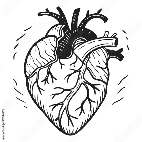 Detailed anatomical illustration of a human heart, showcasing veins and arteries, emphasizing the complexity of the circulatory system and its vital role in human health
