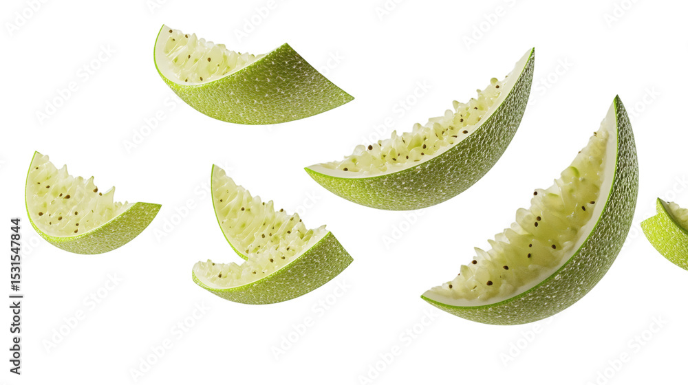 Fototapeta premium Flying 3D lime wedges with juicy pulp and textured rind isolated on white background 