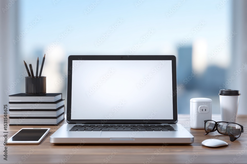 Fototapeta premium Modern workspace featuring a laptop with a blank screen, books, pencils, tablet, glasses and coffee, perfect for showcasing a clean office environment.