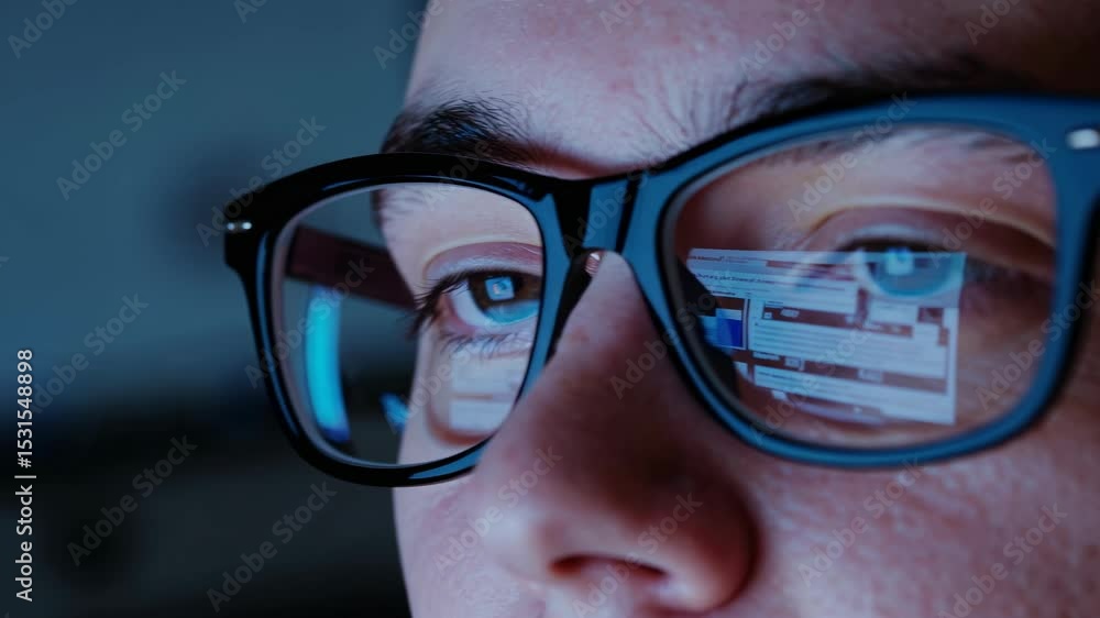Closeup of reflections in glasses from computer screen with focused gaze transition Closeup of reflections in glasses from computer screen with focused gaze transition