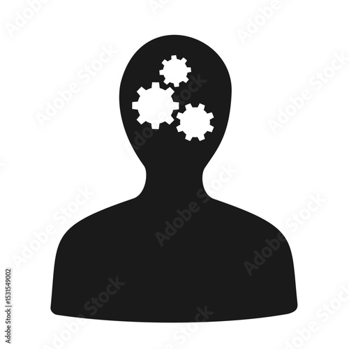 Human, person and man with cogweehl in head. Metaphor of mechanical, logical and rational thinking. Mind and mental process as machine, logic and mechanism. Vector illustration isolated on white.