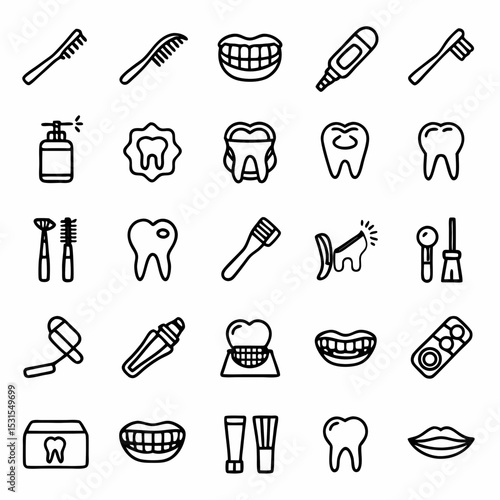 Dental care and oral hygiene vector icons set toothbrush toothpaste teeth mouthwash floss dentist tools for healthy teeth