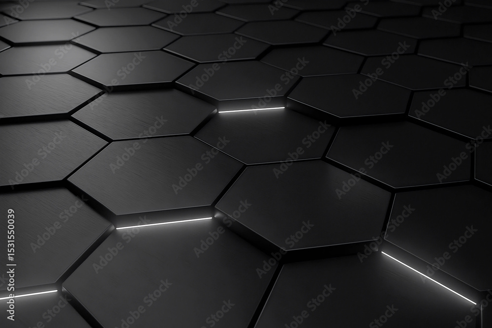 A close-up of a dark, modern, abstract design featuring a honeycomb pattern with illuminated lines, creating a futuristic look. Abstract background A close-up of a dark, modern, abstract design featuring a honeycomb pattern with illuminated lines, creating a futuristic look. Abstract background