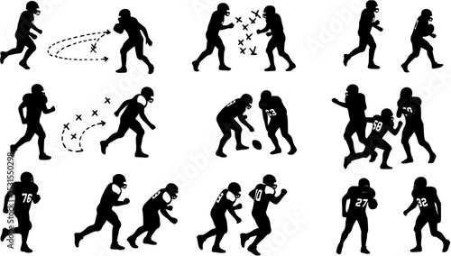 American football players in action dynamic silhouettes showcasing various plays and formations
