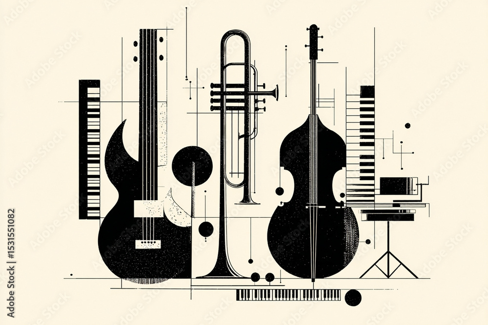 Naklejka premium Musical instruments arranged to create a modern abstract artwork