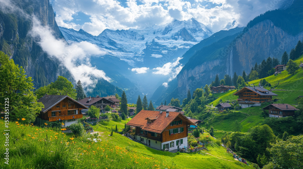 Fototapeta premium Charming alpine village nestled in the tourist hotspot of Lauterbrunnen Valley, Switzerland
