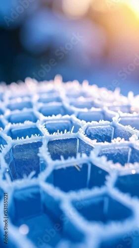 Macro shot of an icy blue honeycomb structure with frost crystals covering the edges, backlit by a warm glow, creating a futuristic abstract design.