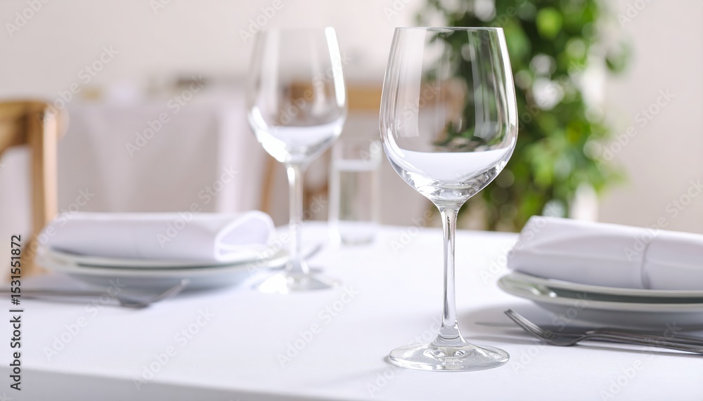 Elegant restaurant table setting featuring wine glasses, plates with folded napkins, and silverware, all set on a crisp white tablecloth. Elegant restaurant table setting featuring wine glasses, plates with folded napkins, and silverware, all set on a crisp white tablecloth.