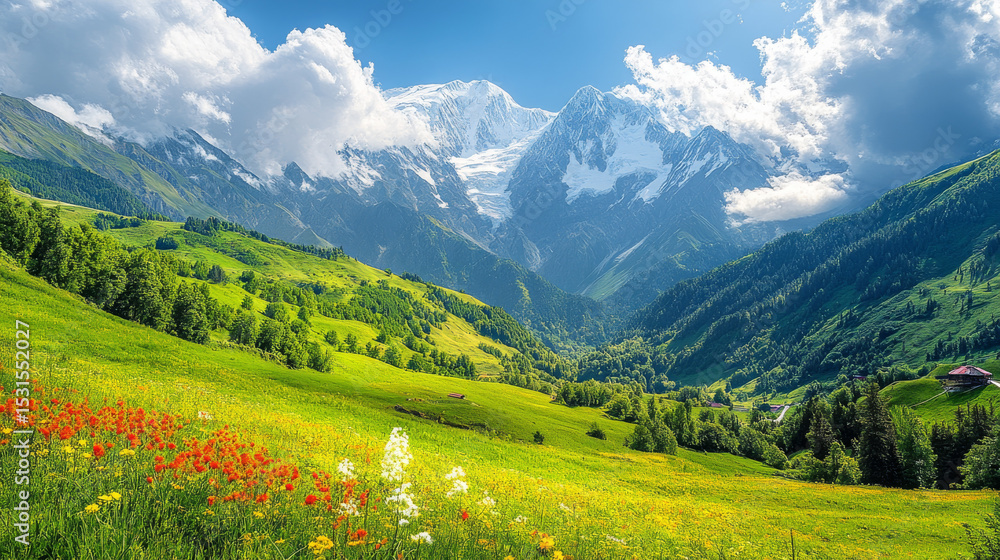 Spectacular summer scenery in Georgia’s Caucasus Mountains with rolling green meadows and serene alpine valleys in Svaneti Spectacular summer scenery in Georgia’s Caucasus Mountains with rolling green meadows and serene alpine valleys in Svaneti