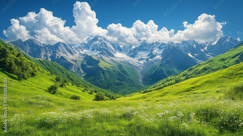 Fototapeta premium Spectacular summer scenery in Georgiaâ€™s Caucasus Mountains with rolling green meadows and serene alpine valleys in Svaneti