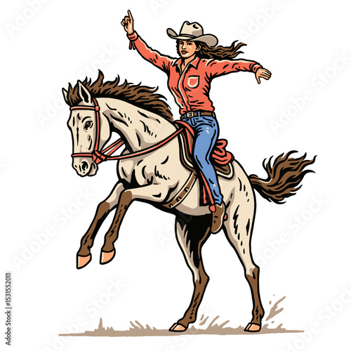 cowgirl riding horse on bucking bronco vintage illustration
