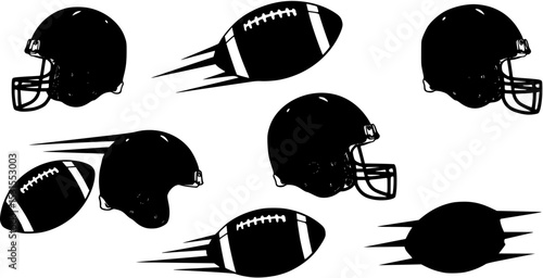 Fast action football helmets and balls graphic design elements simple black silhouettes on white
