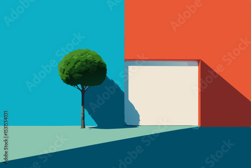 Vector illustration of a tree in front of a colorful building