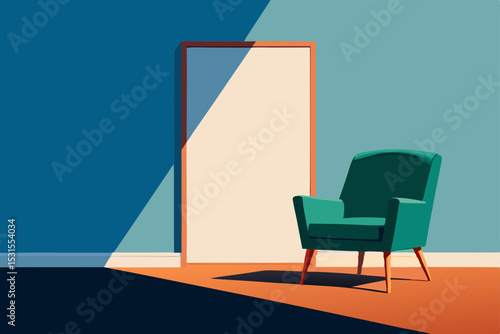Vector illustration of a green chair and mirror in a room