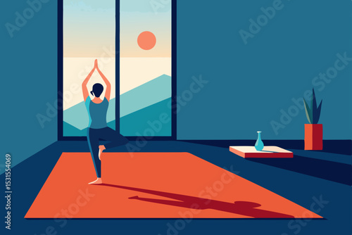 Vector illustration of woman practicing yoga in a room