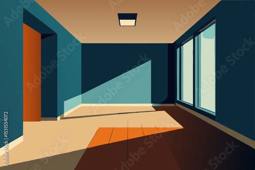 Vector illustration of empty room interior with sunlight
