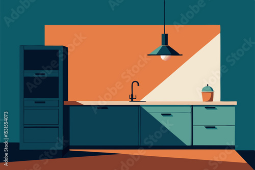 Vector kitchen interior with modern appliances and lighting