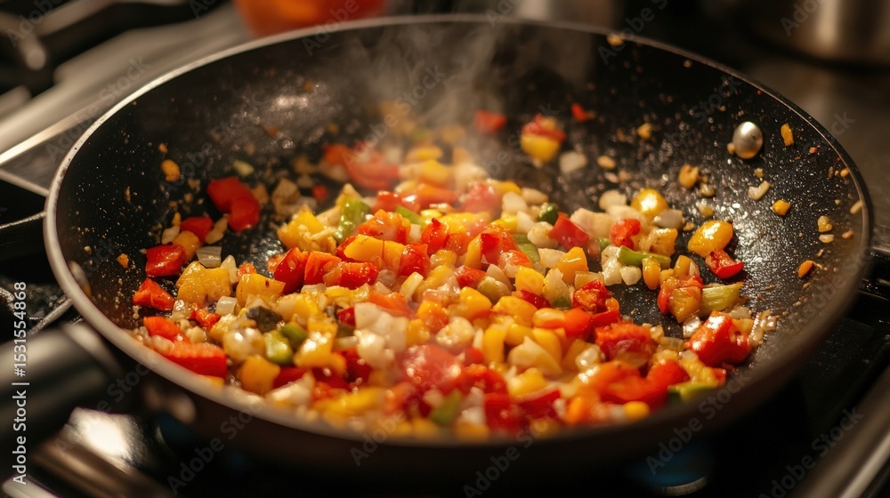 Mixed Colorful Vegetables Sautéing in a Nonstick Skillet on a Gas Stove Mixed Colorful Vegetables Sautéing in a Nonstick Skillet on a Gas Stove