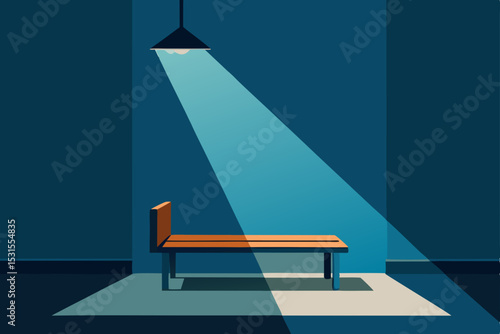 Vector illustration of a lonely bench in a dark room with spotlight
