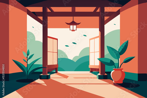 Vector illustration of a Japanese-style corridor with plants and lantern
