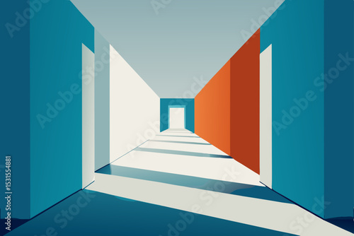 Vector illustration of modern corridor with blue and orange walls