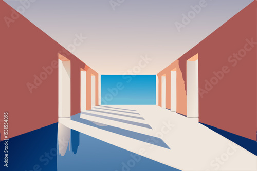 Vector illustration of modern corridor with blue floor and red walls
