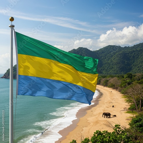 Waving Gabonese Flag Representing Forested Nation Where Rainforest Meets the Sea in Loango National Park
