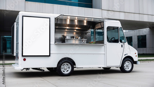 White food truck with blank menu board parked outside modern building.