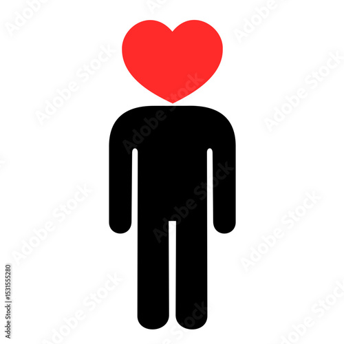 Human, man and male with love heart instead of head. Emotional and romantic person. Loving and enamoured partner, spouse and lover. Vector illustration isolated on white