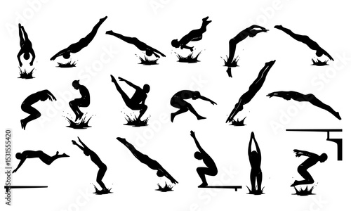 Set Bundle of Dynamic Silhouettes Featuring Diverse Diving Techniques and Styles in Striking Black and White Designs