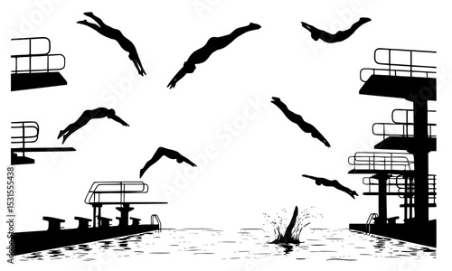 Set Bundle of Dynamic Silhouettes Representing Diverse Diving Positions and Techniques Above Water in Striking Black and White Designs