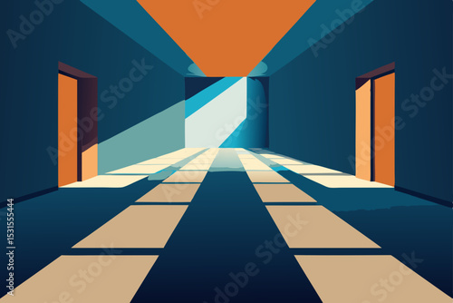 Vector illustration of a dark corridor with open doors and sunlight