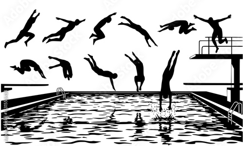 Set Bundle of Dynamic Silhouettes Capturing Diverse Diving Techniques and Positions Above Water in Striking Black and White Designs