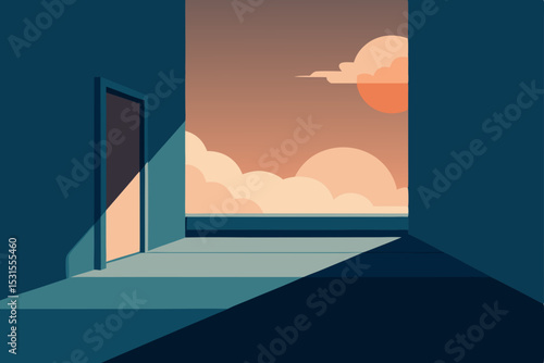Vector illustration of a room with an open door and sunset view