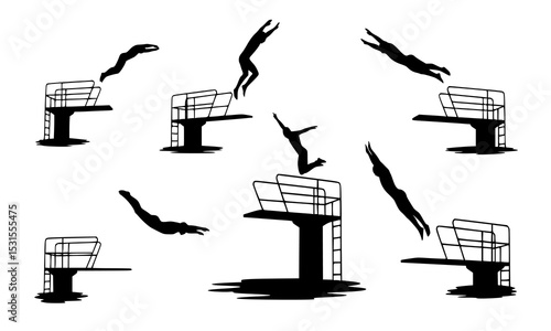 Set Bundle of Dynamic Silhouettes Depicting Diving Actions on Various Platforms in Striking Black and White Designs