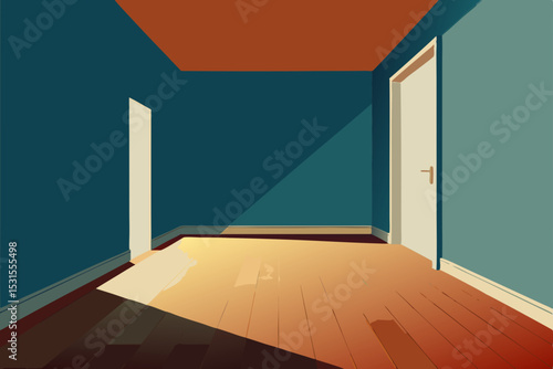 Vector illustration of empty room interior with blue walls and wooden floor