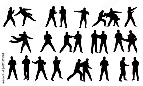 Set Bundle of Dynamic Silhouettes Showcasing Boxing and Kickboxing Techniques in Striking Black and White Designs