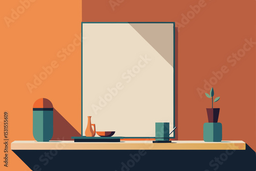 Vector illustration of modern bathroom counter with mirror
