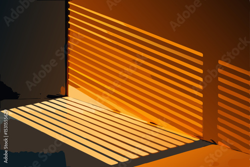 Vector illustration of a wooden slatted bench in sunlight