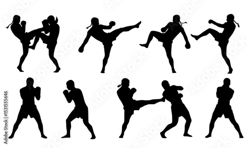 Set Bundle of Dynamic Silhouettes Showcasing Boxing and Muay Thai Techniques in Striking Black and White Designs