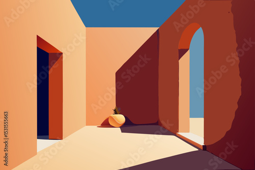 Vector illustration of terracotta building interior with arches