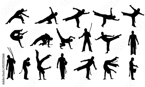 Set Bundle of Dynamic Silhouettes Featuring Boxing and Kickboxing Techniques in Bold Black and White Designs