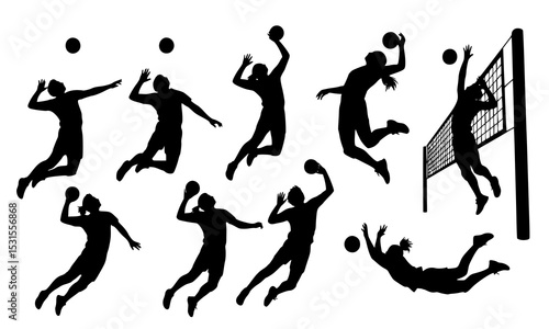 Set Bundle Volleyball Silhouettes Showing Diverse Player Movements and Techniques for Dynamic Sports Illustrations and Volleyball Fans