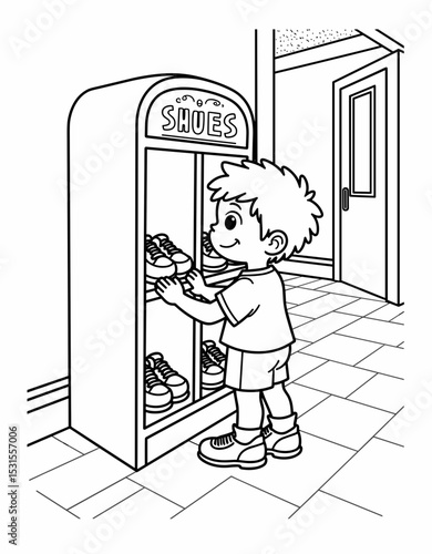 Young boy placing shoes in cubby during daily school routine  