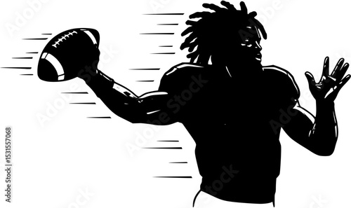 Powerful quarterback launching a lightning fast pass dynamic action pose black and white
